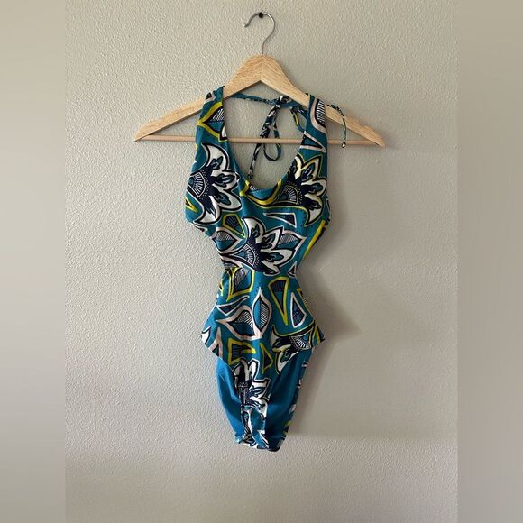 Aerie One Piece Cutout Swimsuit Open Tie Back High Cut Cheeky Blue Pattern S - Picture 1 of 4